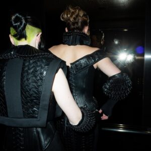 Lucy Moss Instagram - GRAMMYS - LOOK 2

afterparty look (lol) designed by THE one and only GABRIELLA SLADE. thank you SO much to the whole team for making this extremely extra costume change a reality. loved it so much 🖤🖤🖤

designed by: @sladegabriella 
corsetry: @beyondbridal_beyondburlesque 
tailoring, ruffs, & glove accessories: @academycostumes @valeriogioia87 @anki_costume 
pleating: @plisseebrennerei 
embellishment: @crystalledbyjane 
jewellery: @a_sinner_in_pearls 
footwear: @laducashoes 
hair: @nevadastyles w/ touch ups by @sophiaflores___ 
make up: @alliesmithmakeup 
photos: @stolenbesos 
friend: @thetobymarlow