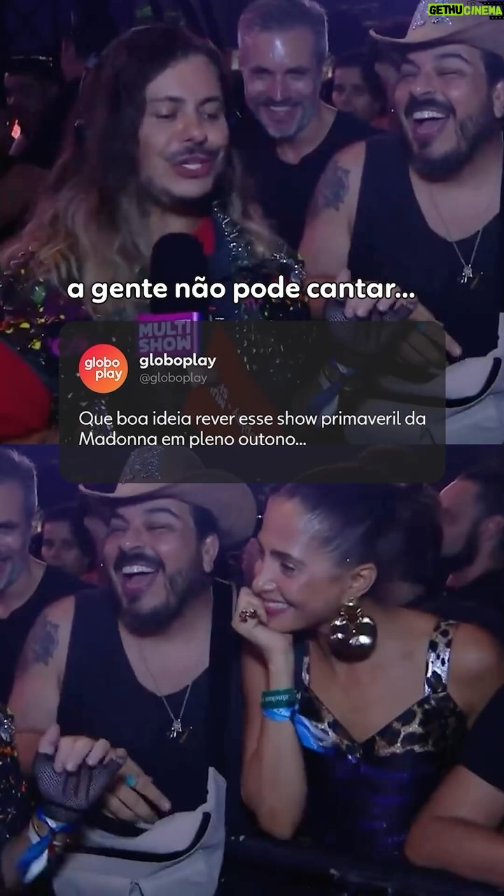 Luís Lobianco - 2.3K Likes - A Bebel não perderia a chance de rever esse show por nada, por que você perderia? 😅 Nesse final de semana, você tem um encontro marcado comigo e com @multishow para rever o showzaço da Queen Madonna! Sábado, dia 11/05, às 21h, e domingo, dia 12/05, às 20h. Tô te esperando, hein? 😉 #MadonnaNoGloboplay
#PraTodosVerem:
Vídeo em que Marcus Majella entrevista Luis Lobianco e Camila Pitanga na plateia do show da Madonna - The Celebration Tour in Rio. Por cima do vídeo, há um tweet que diz: Que boa ideia rever esse show primaveril da Madonna em pleno outono…