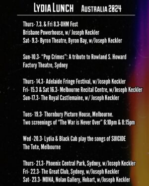 Lydia Lunch Instagram - Australia! Lydia Lunch will be descending upon you for the month of March. Be sure to catch her and Joseph Keckler [@josephkeckler] in their show “Tales of Lust and Madness”. There will be two screenings of “Lydia Lunch-The War is Never Over” a film by Beth B., as well as tributes to SUICIDE as well as Rowland S. Howard. 

All ticket info on Lydia’s Official Website. Link in Bio. 

Photo by: Jasmine Hirst @artbyjasminehirst 
Flyers by: Joey Koneko @konekoland 

#lydialunch #josephkeckler #suicideband #alanvega #rowlandshoward #bethb