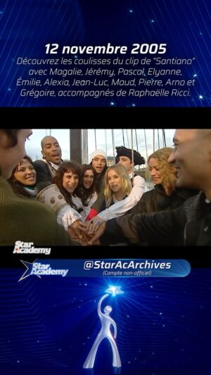 Magalie Vaé Instagram - Découvrez les coulisses du tournage du clip de “Santiano”, le deuxième single de la Star Academy 5, tourné en quelques heures un lendemain de prime par @magalievaeoff, @jeremyamelin, @pascal_mono, @elyannebreton, @emilieminatchy_officiel, @alexiacoachvocal, @jlguizonne, @maudverdeyen_officiel, @pierremathyss, @arnodiem et @gregoire.bouriott , accompagnés de @raphriccifoulon. Indique les moments que tu souhaiterais revoir en commentaire et abonne-toi pour revoir les meilleurs moments de la #StarAc ! 
#StarAcArchives #StarAcademyLeLive #StarAcademyLive #Nostalgie #TF1 #OperacionTriunfo #OT2024 #NationStarAc #StarAcademie #StarAcademieTVA