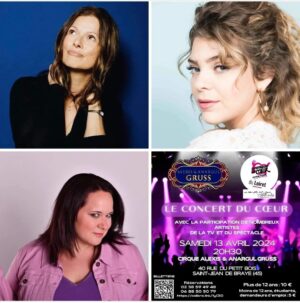 Magalie Vaé Instagram - Retrouvez moi le 13 Avril à 20h30 aux côtés de @carolinecostaofficial_ et @laly.meignan pour LE CONCERT DU CŒUR au Cirque d'Alexis et Anargul GRUSS à St Jean de Braye (45)... Un très beau concert en faveur des restons du cœur ❤️

➡️ Réservations / Dons : https://www.helloasso.com/associations/les-restos-du-coeur-du-loiret/evenements/le-concert-du-coeur