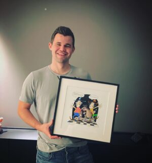 Magnus Carlsen Instagram - Due to covid I met my friend for the first time in 6 months yesterday. He gave me my 30th birthday gift and brought a smile to an old mans face😊 Huge thanks to childhood hero @dolmenx for this. It’s going straight up on the wall!