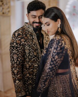 Malavika Jayaram Instagram - Mr and Mrs Nav ✈️❤️

Lehenga and bridal styling: @labelshireenshahana 
Sherwani : @gegonian 
MUA: @salomirdiamond 
Wedding decor : @elysian.dreamscapes 
Photography : @_whiteline_photography_
