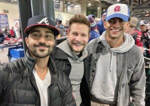 Manish Dayal Instagram - Had an incredible night celebrating the @Braves in Atlanta with this amazing crew!

For the record - games can be won without misrepresenting our Native American community. So, let’s ditch the racist tomahawk chop. It’s reductive, and Native American people deserve better. Chop the chop! 🙌🏽🙏🏽#worldseries #atlanta #theresident @milescfowler @anujabomajoshi #mattczuchry