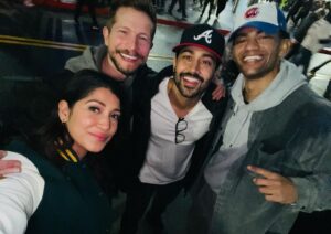 Manish Dayal Instagram - Had an incredible night celebrating the @Braves in Atlanta with this amazing crew!

For the record - games can be won without misrepresenting our Native American community. So, let’s ditch the racist tomahawk chop. It’s reductive, and Native American people deserve better. Chop the chop! 🙌🏽🙏🏽#worldseries #atlanta #theresident @milescfowler @anujabomajoshi #mattczuchry