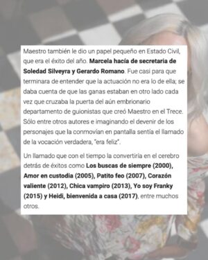 Marcela Citterio Instagram - Quiero contarles que estoy muy emocionada por la nota que Infobae me hizo recientemente. En ella, hablo sobre mi carrera como guionista de telenovelas y cómo logré superar muchos obstáculos y alcanzar éxitos. 

También hablo sobre mi nuevo libro "Lady Voyeur", que es muy especial para mí. Me encantaría que leyeran la nota completa en el sitio web de Infobae y descubrieran más sobre mi vida y mi trabajo. Les dejo el link en historias destacadas. 

Agradezco a @mercedesfunes y a @infobae por darme la oportunidad de compartir mi historia con su público, y espero que disfruten leyéndola tanto como yo disfruté compartiendo mi experiencia. ¡No se la pierdan!