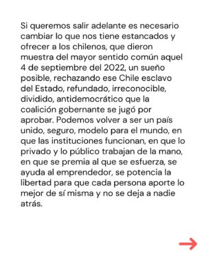 Marcela Cubillos Instagram - Tenemos un país fuerte, y uno de los más lindos del mundo, que ha sabido ponerse de pie una y otra vez a lo largo de su historia. Los chilenos aman su bandera, son solidarios y tienen “chispeza” como dijo el gran Gary Medel. Pero desde hace algunos años, la desesperanza se ha instalado en el ambiente. Y es ese sentimiento el que debemos revertir.

Los necesitamos a todos arriba para levantar Chile. Arriba la esperanza. Arriba la unidad. Arriba los sueños de siempre, esos que, hasta ahora, nadie ha logrado destruir. ¡Arriba Chile!

#ArribaLasCondes