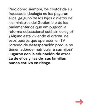 Marcela Cubillos Instagram - La educación pública, se la echaron. 
Un grupo de jóvenes de elite, instalados en el Congreso y en el gobierno de la ex presidenta Bachelet, se dedicaron a experimentar con la educación y se la echaron. 
Ellos hoy habitan La Moneda y la realidad les ha explotado en sus narices.

(Columna publicada en El Mercurio, 17 de marzo 2024)