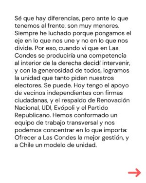 Marcela Cubillos Instagram - Tenemos un país fuerte, y uno de los más lindos del mundo, que ha sabido ponerse de pie una y otra vez a lo largo de su historia. Los chilenos aman su bandera, son solidarios y tienen “chispeza” como dijo el gran Gary Medel. Pero desde hace algunos años, la desesperanza se ha instalado en el ambiente. Y es ese sentimiento el que debemos revertir.

Los necesitamos a todos arriba para levantar Chile. Arriba la esperanza. Arriba la unidad. Arriba los sueños de siempre, esos que, hasta ahora, nadie ha logrado destruir. ¡Arriba Chile!

#ArribaLasCondes