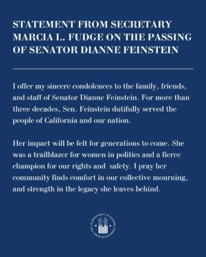 Marcia Fudge Instagram - I offer my sincere condolences to the family, friends, and staff of Senator Dianne Feinstein.

I pray her community finds comfort in our collective mourning, and strength in the legacy she leaves behind.