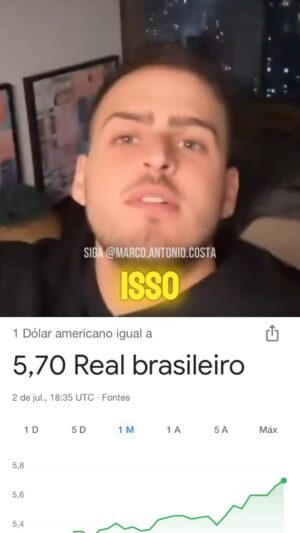 Marco Antônio Costa Instagram - 🚨REAL: O influenciador Jon Vlogs criticou a mídia brasileira por abafar o aumento do dólar e do euro.

Nos últimos 30 dias, o dólar subiu de 5,25 para 5,70 e o euro de 5,65 para 6,11. “Não estamos em pandemia, o que está acontecendo? Do dia para a noite, o dólar e o euro estão subindo dez, quinze centavos. Cadê a mídia? Cadê a Globo? Cadê todo mundo?”.