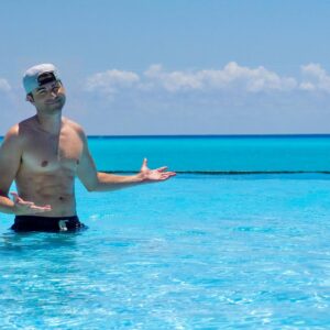 Mark Rober Instagram - When I’m filming in a part of the world where the pool matches the ocean that can only mean… @sharkweek is coming in real hot. 💥🦈💥 July 12th.