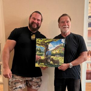 Martins Licis Instagram - This was one of the happiest mornings, that I’ll carry with me for life. As a birthday gift and a thank you for all he’s done, I made a painting for @schwarzenegger , and he told me he loved it! 🙌 I’m speechless. Rarely, do I share my artwork with the public, but this was worth it. Thank you for the pump session, bike ride, and a wonderful breakfast and conversation!