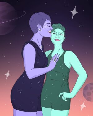 Mary Chieffo Instagram - For our 2 year “Kissiversary” @msmadig surprised me with a gorgeous piece of art by @robineisenberg inspired by a vintage photo we have hanging in our apartment (swipe). I absolutely love it!!! 

🌙💜🪐💚✨

#queerart #kissiversary #anniversary #queerlove #loveislove #iloveyoutothemoonandback