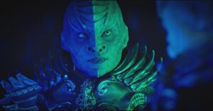 Mary Chieffo Instagram - #FBF Just came across one of my absolute favorite shots of L’Rell from S1 of Disco. 

💙💚🩵🩶

Can’t wait to celebrate the #StarTrekDiscovery crew as they enter their final season and the #StarTrekFamily at large on Star Trek: The Cruise next week. Qapla’! 

#StarTrek #StarTrekTheCruise2024 #TeamKlingon #LRell #KlingonFlirting #IDIC #prostheticmakeup #alien