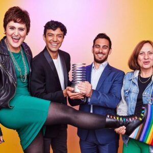 Mary Chieffo Instagram - posin’ with our #webbyaward backstage and awesome partners at @verizon @clevi3 & #KristenSoumas! 

💚🌈🏆🔥✨

📸 @hartleyphoto 

our @juveeproductions team is so grateful to collaborate with such a supportive and forward-thinking company. I feel incredibly fortunate to have been empowered to bring such a specific and feminist project to life and experience all those involved impassioned and inspired by the themes of the narrative we created. gives me some hope in these turbulent times!

#webbys #verizon #juveeproductions #iagothegreeneyedmonster #ar #diversityequityinclusion #webbywinner #partnership