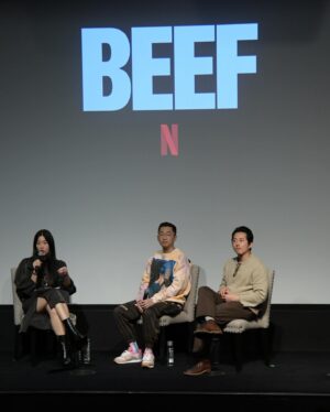 Mary H.K. Choi Instagram - A wonderful night celebrating an incredible show. Laughed so hard, cried my face off, binged the ever living fuck out out of this absolute coup of a series. Congratulations @beherelater @steveyeun @a24 @saraobery @aliwong @rekstizzy @justinmin #peninsulamentality #descendedfrommongols 🇰🇷🥩🫶 (also met Steven from Summer! IRL!)