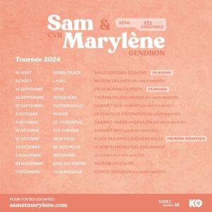 Marylène Gendron Instagram - BONJOUR TOUT LE MONDE! Ici Marylène et Sam à l’appareil. 

On vous annonce en trombe notre première TOURNÉE DU QUÉBEC en STAND UP!

Après vous avoir visité en salle avec le podcast, nous sommes très excités d’aller ENFIN vous rencontrer cette fois-ci tout en HUMOUR. Tour à tour on vous présentera chacun 45 minutes de blagues. On va donc avoir nos moments solo, et peut-être se retrouver pour un petit numéro à deux, QUI SAIT????? 

Ce sera très très professionnel car nous avons un producteur, @koscene, et une metteure en scène, la grande dame @pascalerh. À date elle a dit qu’elle nous ferait rouler sur des ballons comme deux petites circassiennes, À SUIVRE! 
De toute façon cette tournée n’est qu’un prétexte pour vous faire découvrir d’autres de nos nombreux talents. Watch out la tournée clarinette et danse lascive après celle-là. 

La première médiatique aura lieu à Montréal le 16 octobre! Probablement la soirée la plus GLAM depuis genre, la fête à Kim Kardashian.

Les billets sont déjà disponibles sur notre tout nouveau site web: sametmarylene.com

On a tellement hâte d’aller vous voir! Xxx

🪞Photo: @emihebert 
🪞Mise en beauté: @emiliemahglam 
🪞Graphisme: @leroibill 
🪞Stylisme: @catherineperronstyliste 
🪞Booking: Agence Agora
🪞Relations de presse: @cinblanche 

Merci à notre équipe d’amour 🖤 @lacmath @veroniquetrepanier79 @chantalchandail @elizdcote @sylsav @zemorissette