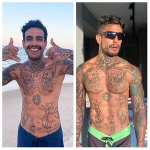 Matheus Sampaio Instagram - Na primeira foto 72Kg 
Na segunda foto 84Kg

Sabe em quanto tempo? 3 meses ! Sabe o que eu usei ? Nada ! Suplementei, alimentei e tenho treinado todos os dias para cuidar de mim em todos os aspectos, volto a repetir cuidar do seu corpo através de atividade física é tudo pra sua mente seja qual atividade for, levanta desse sofá, bora vencer, aos poucos eu também tô vencendo por aqui, to com você, boraaaaaa 🔥🥋