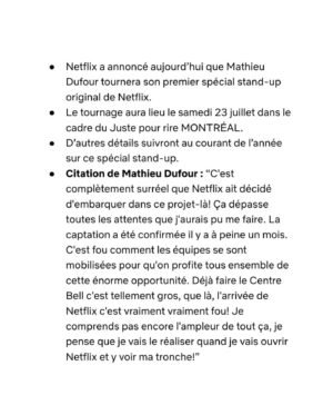 Mathieu Dufour Instagram - C’est avec toute l’excitation et la fierté du monde que je vous annonce que mon spectacle de ce soir au Centre Bell sera capté et diffusé sur Netflix. JE CAPOTE 🎉