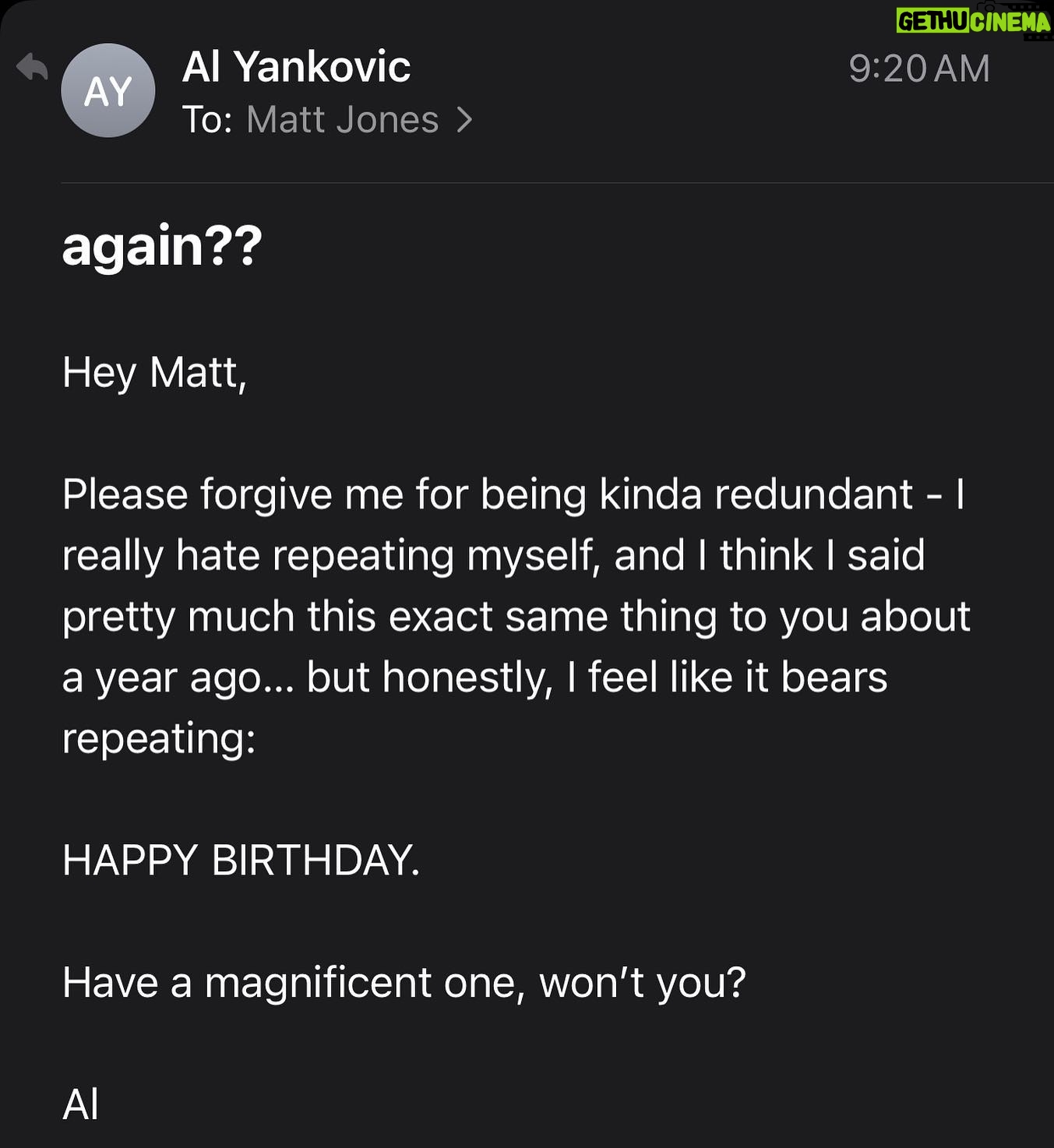 Matt Jones - 3.6K Likes - Thank you again @alfredyankovic This makes my birthday every year.