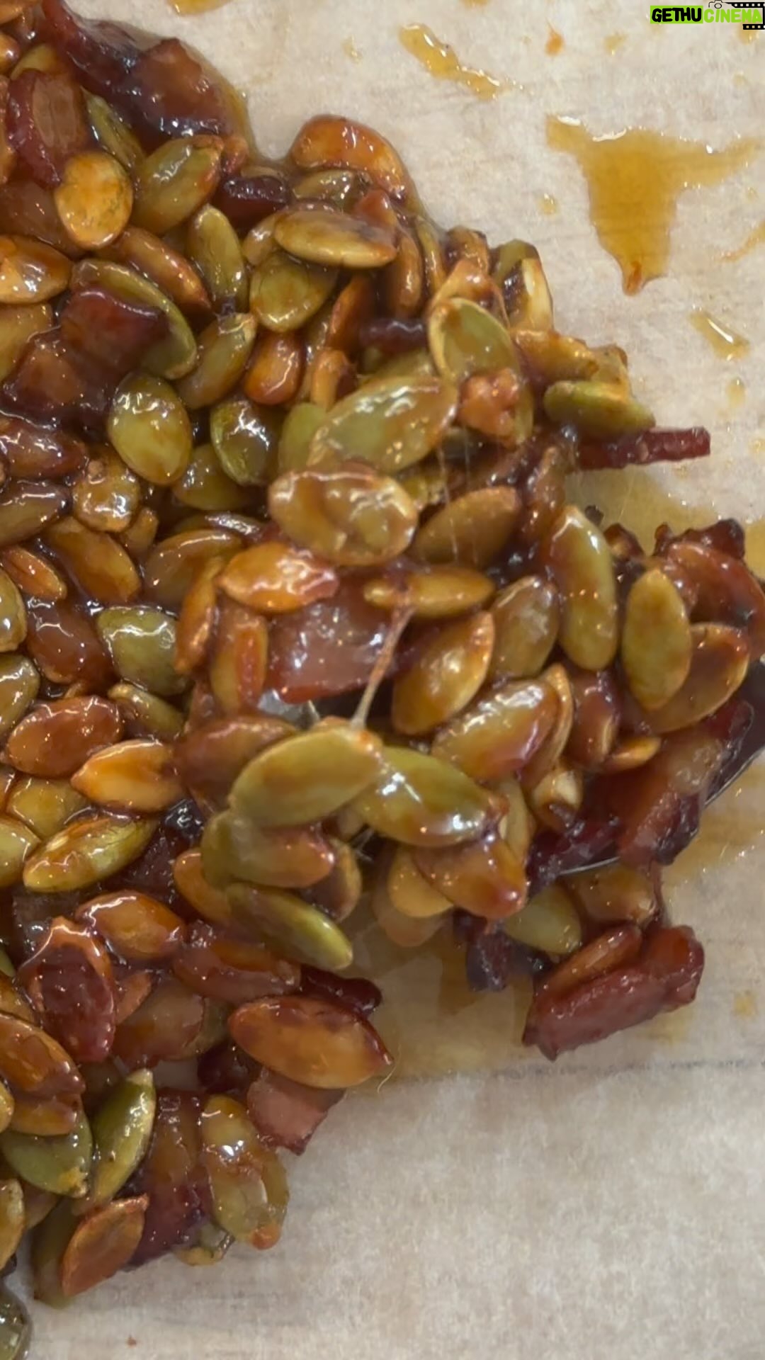Matt Preston - 430 Likes - How to take simple pumpkin soup to the next level…. Pepita Crunch time! Chewy, nutty, salty, sweet, hot!
Fry bacon. Toast thrice as many pepitas in the rendered fat. Add maple syrup and cook do it gets stickier. Stir in half as much sriracha. Add salt. Use the fat and the set crunch on your simple pumpkin soup. Done