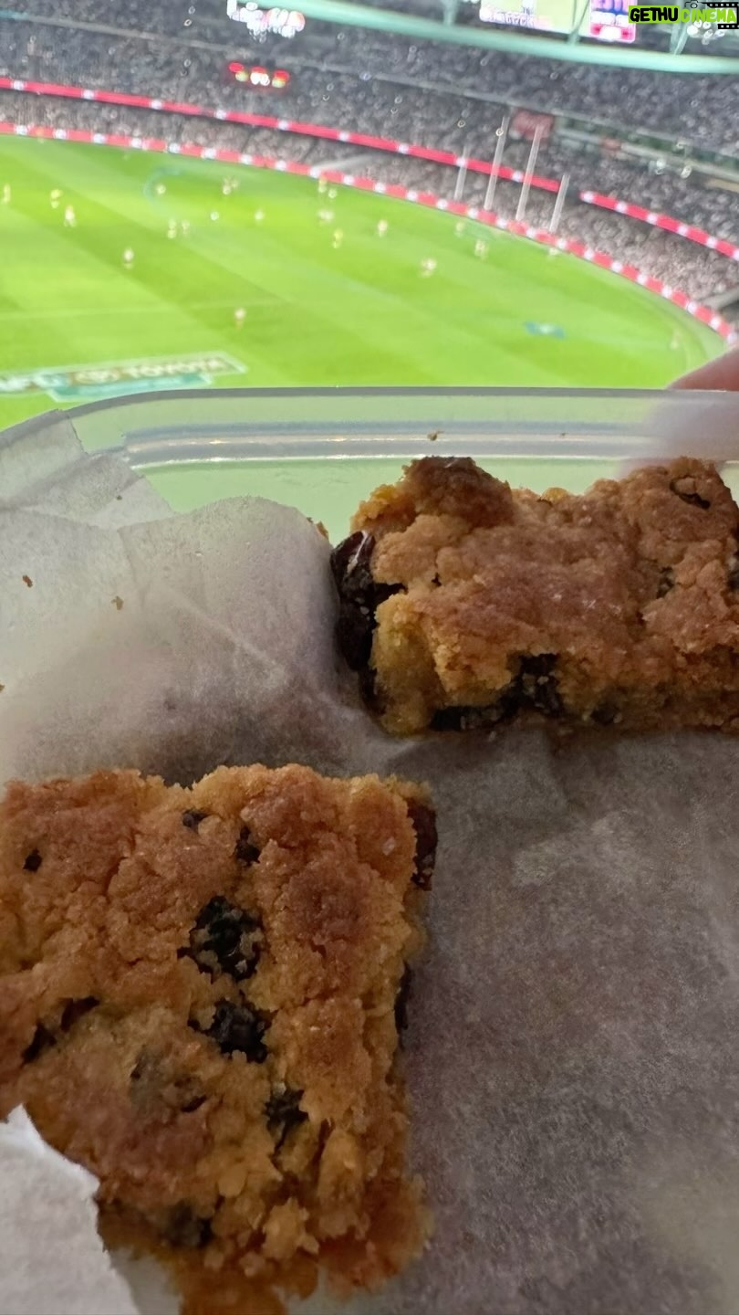 Matt Preston - 363 Likes - Amanda’s slice, the football and a nice cup of tea. Perfect! #gopies RECIPE. 220g raw sugar
1 egg
150 g self-raising flour
2 good tsps golden syrup
160 g sultanas
100 g butter, melted
Preheat the oven to 180°C. Grease and line a 20 x 30 cm or 24 x 24 cm slice tin.
Combine all the ingredients, except for the melted butter, in a large bowl. Pour in the melted butter and use a wooden spoon to mix everything together well.
Press the dough into the prepared slice tin and bake for around 25 minutes. Cut while warm.