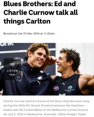 Matt Preston Instagram - Growing up, the Curnow brothers couldn’t imagine what it would be like to play @afl football together, as they kicked the ball around their Bellarine family property. In 2016 that all changed as Ed and Charlie ran out for the first time in @carlton_fc colours.
Fast forward 8 years and they’re now the only two Carlton brothers to have played 100 games each.
With Ed admitting “he can’t kick over a jam tin” while “Charlie is winning Colemans for fun”, sit back and enjoy, as they take us deep behind the four walls of Princes Park; even taking us to the scene of ‘that’ Carlton mid-season trip. Listen to our interview on @abcinmelbourne via the link in my bio👆🏻

@charliecurnow @dam_water_ @catherinemurphysport