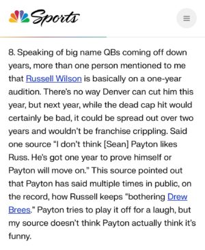 Matthew Berry Instagram - Welp. Hard to say I'm surprised Russell Wilson is being released. In my Combine rumors column from LAST YEAR I had this nugget. This is from March 6th 2023. BTW - the 2024 NFL Combine rumor column comes out tomorrow.