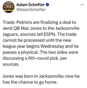 Matthew Berry Instagram - Whoa. Big news given Jones is a former 1st rounder and was NE's starting QB at this time last year but no fantasy impact. Obviously he'll be Trevor Lawrence's back-up and of course seems highly likely NE's starting QB next year isn't on their roster yet.