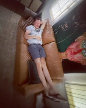 Matthew Lillard Instagram - Found this on my phone… my son is a monster. #dadsleeping a series. (need a longer couch). (Apparently I sleep in flip-flops?) @beadleandgrimms