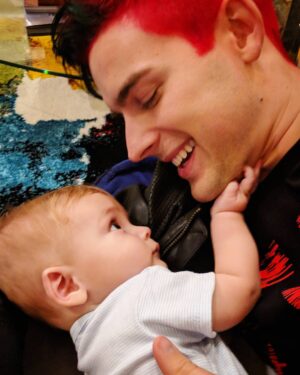 Matthew Patrick Instagram - Ollie comes to grips with my new hair: he was hoping for rainbow! 
#newbaby #haircut #forcharity