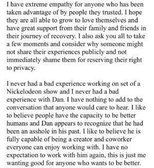 Matthew Underwood Instagram - We all want to live in a better world. That requires all of us to treat each other with empathy and not make assumptions about people’s personal experiences. We’re all feeling pain right now, and I can understand if you are angry, but harassing people who maintain their privacy and wishing death upon their families is no way to make this world better and safer for all of us. #QuietOnSet

To ensure there is no confusion, I want to make it clear that my current agents Lauren Green and Sam Hampton of Modern Artists Entertainment are incredible humans who are sincere, genuine, and smart professionals in this industry. They have always listened to my concerns and watched out for my well being. I want to thank Lauren Green for literally having my back since I was 8 years old. The only period of my life that I wasn’t represented by her, was the year and a half I had this shitty experience with this other agent. If it wasn’t for Lauren and Sam, I would never have been on a screen again. @modernartistsagencyla @lauren_so_fabulous @samuelteel

As I have been informed my words were being misunderstood around the interwebs, for further clarification please see:
https://www.reddit.com/r/QuietOnSetDocumentary/s/oIJijvbwzS 
&
https://www.reddit.com/r/QuietOnSetDocumentary/s/P4C47U3XWF