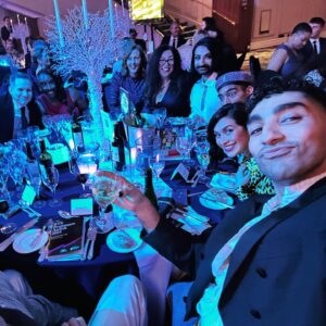 Mawaan Rizwan Instagram - Thank you @royaltelevisionsociety for awarding JUICE best Comedy Drama 🥰🧃

Wearing @elvdenim 
Makeup by the amazing Juice MU designer herself @susanamota 
Shoes @boss