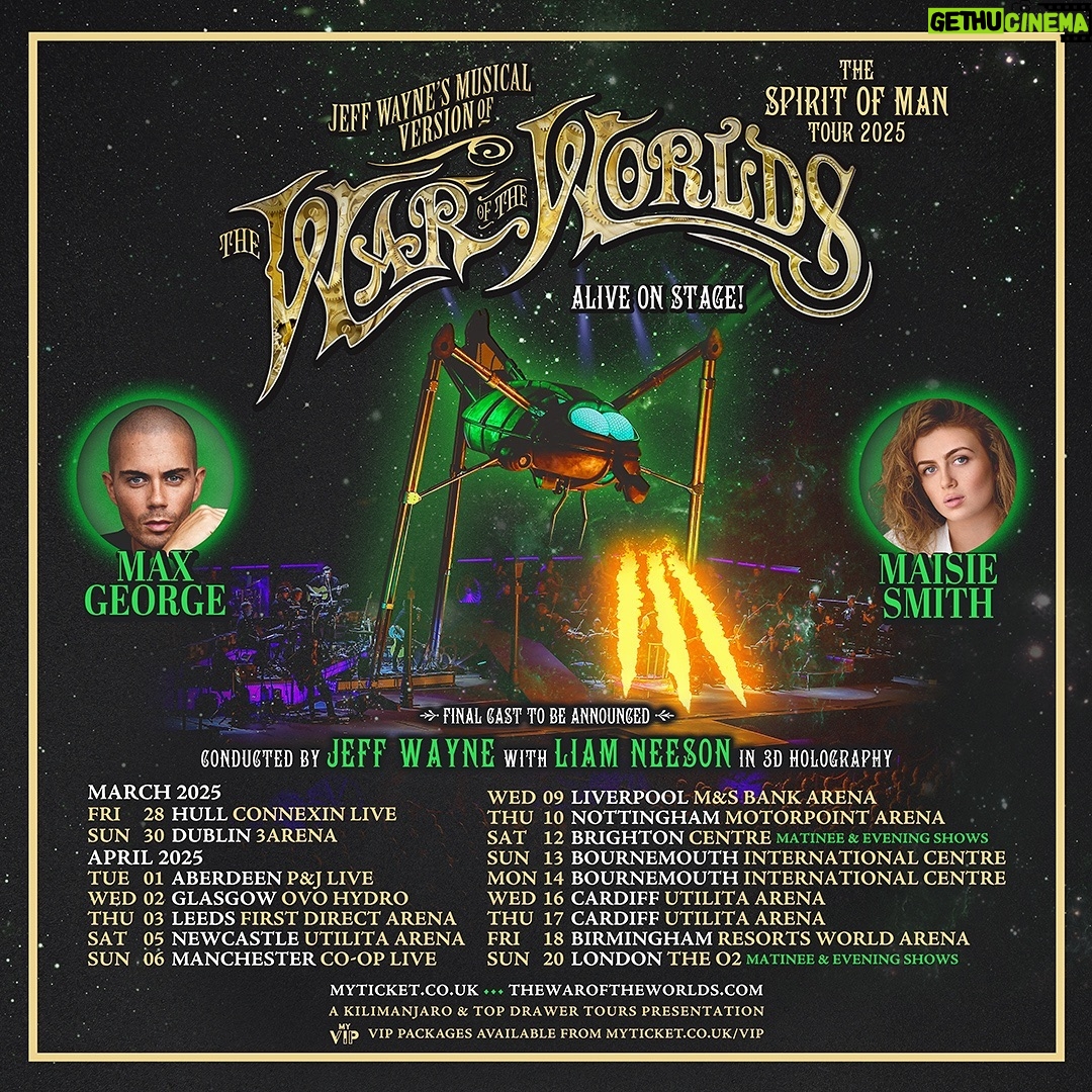 Max George - 3 Likes - CANNOT wait for this. Heading to arenas all over the UK we will be playing the iconic parts of Parson Nathanial & Beth in the infamous production of Jeff Waynes ‘The War Of The Worlds’ 🛸 🎼 Tickets available right now link in my bio 🤘🏼 @twotw_official #thewaroftheworlds