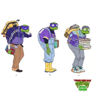 Maxime Mary Instagram - Finally here is Donnie. The glasses came late, as we were focusing on the overall shape, skinny and tall. The face was longer, but I really like the round face we can see in the movie. 
On the latest page you can see some explorations about which clothes he could wear in college. I had a ton a fun imagining these!

And that's a wrap for the researches that look like the final designs. 
I'll post some earlier designs later😉

#teenagemutantninjaturtles
#tmnt #mutantmayhem #characterdesign