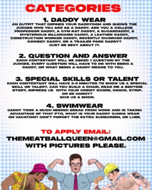 Meatball Instagram - Do you think you’re the daddies daddy in Los Angeles. Well come on out Sunday June 16th cause it’s Fathers Day! So we’re  throwing a Daddy Pageant! Hosted by me at @precinctdtla from 4pm-8pm. That’s right it’s early in the day!
We’re looking for 10 of the sexiest daddies who wanna win $500 cash! 
Art by @doll_set