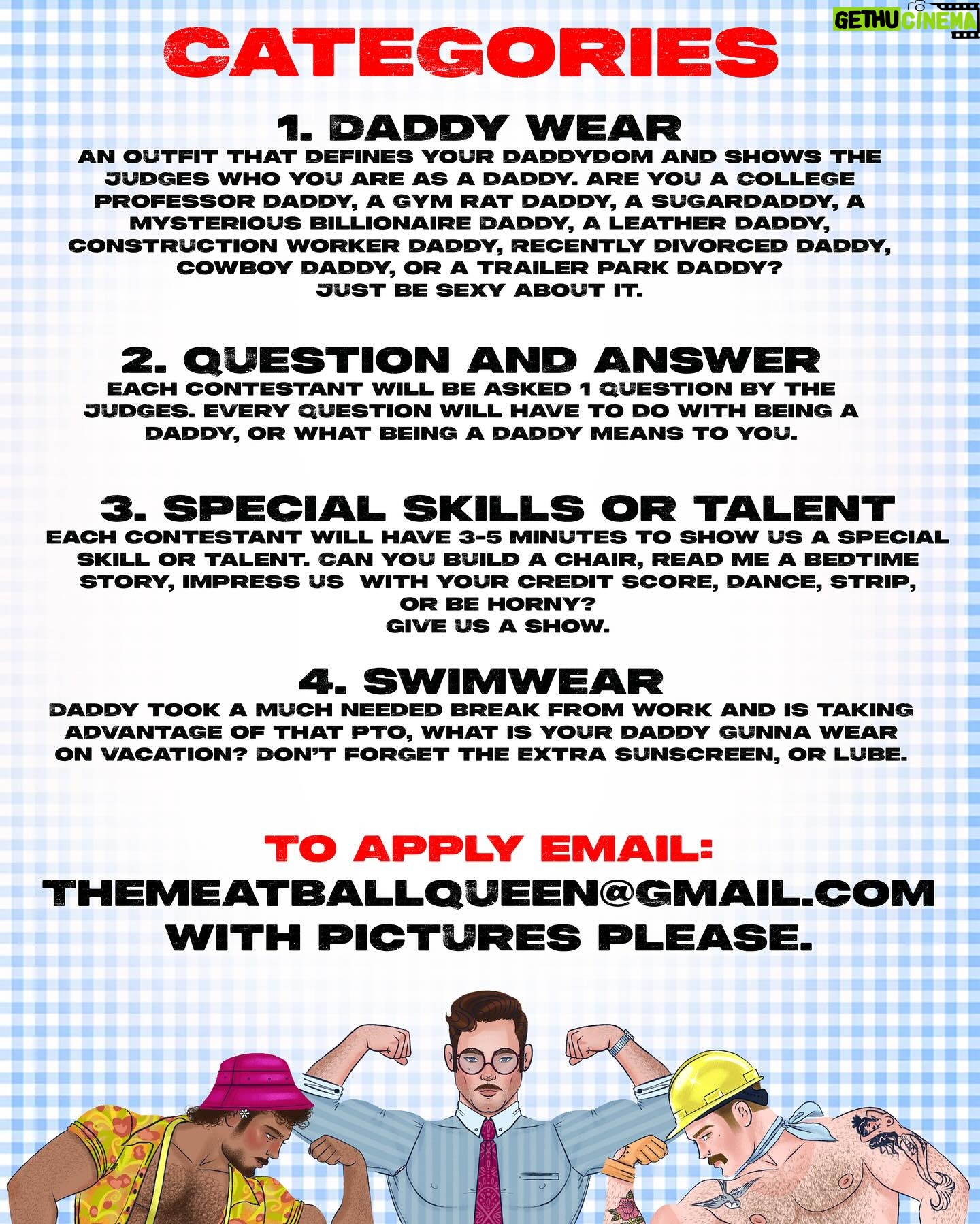 Meatball - 2.2K Likes - Do you think you’re the daddies daddy in Los Angeles. Well come on out Sunday June 16th cause it’s Fathers Day! So we’re throwing a Daddy Pageant! Hosted by me at @precinctdtla from 4pm-8pm. That’s right it’s early in the day!
We’re looking for 10 of the sexiest daddies who wanna win $500 cash!
Art by @doll_set
