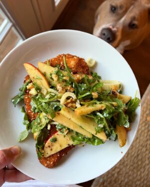 Megan Mitchell Instagram - For a good while I was making chicken cutlets every week. They’re quick and I love the combo of crispy chicken topped with a tangy, crunchy salad. This photo is a reminder to start making them again. Recipe linked in bio or write RECIPE in the comments and I’ll slide into your dms. Happy Sunday