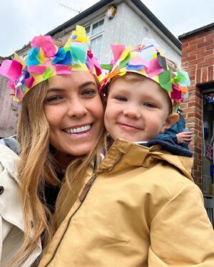 Megan Taylor Instagram - 👑 CORONATION DAY 👑 
We had a lovely coronation day 👑 Starting with watching the coronation with Liam, Albie and Coco 💕 
1. Crowns made at a street party.
2. Selfies in a fire engine 🚒.
3. Picnic spread at mum and dads house whilst the rain was pouring ☔️.
4. My cake inspired by a @lakelanduk air fryer recipe!! 🇬🇧 
•
•
•
#coronationday #streetparty #streetparties #mumandson #airfryerrecipe #airfryercake #lakeland #crowns #homemadecrowns