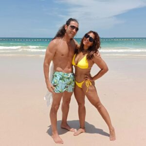 Meghna Naidu Instagram - Sexy... Naughty... Beachy... Us ❣️ 

PS - 
I had a whole bunch of PERFECT photos to post... 
But the TRUTH is, at the age of 44, I come with a whole bunch of Flaws and CELLULITE...

I Love Myself just the way I am and I still can beat most of you at weight training in the Gym so Shut up 🤣

Thank you husband jiiii for this Pre Birthday holiday @elitetennisdubai

❣️❣️❣️❣️
#meghnanaidu
#photooftheday
#couplegoals
#thankyouuniverse