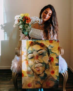 Melanie Posner Instagram - Miley Cyrus said “I can buy myself flowers,” and I took that very seriously. 

Ps) you can too, these paintings are available on my website 💐 Originals and prints ✨

📸 magic: @zena.negron.photography 
.
.
.
.
.
#portraitpainter #portraitpainting #flowerpaintings #mileycyrusflowers #oilpainter #womenwhopaint #sandiegoartist