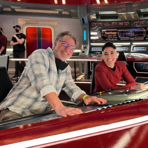 Melissa Navia Instagram - HAPPY DAYS. Secret’s out and @davyperez is posting pictures so here come mine, too! I got to hang with Riker on the bridge. Like yes, it was @jonathansfrakes, but every time he spoke it was totally Riker and I was a kid watching TNG and none of this is real but also MAGIC. Brian told me last year while we were filming Season 1 that I was clearly the Riker of Pike’s crew. So there are a number of reasons I’m so happy in this shot, but that’s definitely one of them. LET’S. GO. #ForBrian #StrangeNewWorlds #StarTrekLowerDecks #StarTrek #SDCC @StarTrekOnPPlus @StarTrek