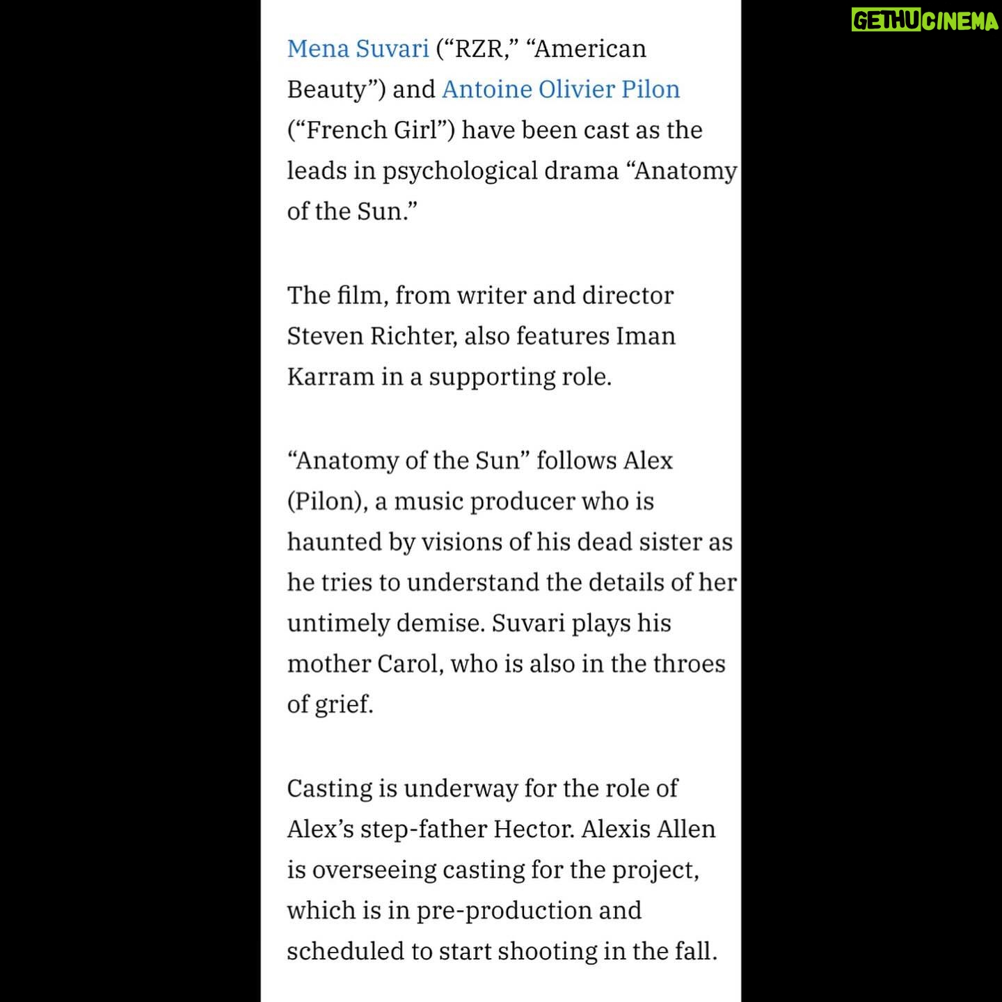 Mena Suvari - 3 Likes - So excited to be a part of this, absolutely cannot wait, and completely honored. ✨
•••••••••••••••••••••••••••••••••••••••••••••••••••••••••••
Repost from @candid_broads_prod
•
As we currently stand on home soil (or sand, really) in the midst of the Cannes Festival, we thought it would be time to share some good news we’ve been, until now, keeping tucked away under our cinema seats.
We are immensely excited to be joining US production company 2:22 Pictures on the upcoming psychological drama “Anatomy of the Sun”, written and directed by @stevenrichterfilm (Raindance ‘Film of the Festival’ nominated feature “Centre of Gravity”).
The film will be headlined by “American Beauty” actress @menasuvari and rising Canadian star @antoineolivierpilon, two members of a grief-stricken family in which the son (Pilon) is haunted by visions of his late sister and strives to piece together the details of her untimely death.
Richter gives us a small taste of the feel of the film by calling it “an immersive visual and sonic narrative experience that blurs reality and the natural dreamscapes of the mind”.
Shooting for the feature is set to commence in fall of this year, with the title being represented by @concourse.media.
Thank you so much @variety for the article!
#womeninfilmandtv #casting #menasuvari #featurefilm #independentfilm #indiefilm #independentfilmmaker #independentfilmmakers #femalefilmmaker #anatomyofthesun #dramafilm #filmmakerfriday #indiefilmmaking #womeninfilm #indiefilmmaker