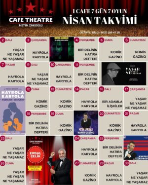 Metin Zakoğlu Instagram - Kartal ‘da bir KOMEDİ KULÜBÜNÜZ Var sizin haberiniz var mı?  @cafetheatreistmarina da aylık oyun takvimi. 
21 Nisan Cafe Theatre 15:00 Bir delinin hatıra defteri 18:00 Yaşar Yaşamaz 21:00’de HAYROLA KARYOLA
23 Nisan Cafe Theatre Kartal
24 Nisan İzmit BİR DELİNİN HATIRA DEFTERİ
25 Nisan Bursa BİR DELİNİN HATIRA DEFTERİ
26 Nisan AVCILAR HAYROLA KARYOLA
27-28 Nisan Cafe Theatre Kartal 
30 Nisan BODRUM BİR DELİNİN HATIRA DEFTERİ 

Bir MAŞALLAHINIZI alırım… 🧿🧿🧿

Biletler @biletix @biletinial da Rez;05322804739