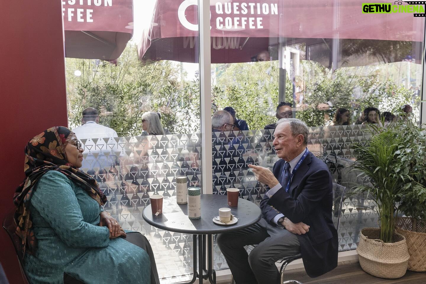 Michael Bloomberg - 3 Likes - Women are essential to economic growth. At @cop28uaeofficial, I sat down with Tanzanian President @samia_suluhu_hassan at the Q Coffee Café at Expo City, where we shared a cup of Q Coffee and Kazi Yetu tea. @questioncaferw is a social enterprise supported by @bloombergdotorg’s Women’s Economic Development Initiative, which trains women farmers and producers - and increases economic independence for them and their families.
If you’re at #COP28, don’t miss a stop at Q Coffee Café at Expo City. #COP28UAE