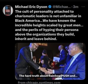 Michael Eric Dyson Instagram - My take in the @chicagosuntimes on the resignation of @fhunscripted as head of the once venerable and now struggling @rpcoalition founded by the legendary @revjjackson. 

“The hard truth is many around Jackson don’t want him to relinquish power, even to a figure like Haynes, who to this day adores Jackson and has not a bad word to say about him. The succession of men who have paraded through PUSH as would-be successors to Jackson testifies to the inability to surrender authority for the good of the group.

Without a sense of irony, Jackson’s defenders lay out the qualifications to fill Jackson’s shoes. They miss the most salient one: for Jackson to step aside in grace and class to allow a successor to craft a plan of revival for the group while showing respect to the founder, and for the cavalcade of Jackson sycophants to stop showering down chaos so the rainbow can once again shine.”