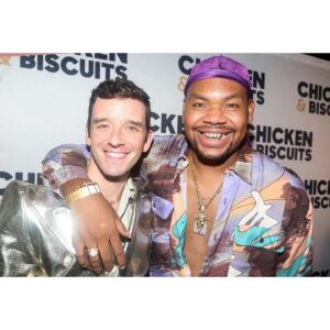 Michael Urie Instagram - I love @itsdevererogers so much and every second I spend onstage with him is a party. @chickenandbiscuitsbway is OPEN come see us! Creative Direction by @sammyratelle for @rrrcreative Agency 
Fashion Assistant: @ashleydaistephens 
Jacket by @landerosnewyork 
Shirt and Pants by @privatepolicyny 
Fine Jewelry by @verdurajewelry 
Shoes @nike PHOTO BY @bruglikas for @officialbroadwayworld
