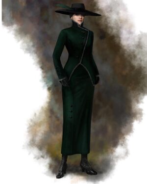 Michele Clapton Instagram - The Kings Men costumes. Here are some illustrations and fittings for Mata Hari.. A little artistic license taken with her costumes here but we based the looks on shapes that in research we noted that she wore. I loved this dark green fabrics sheen, it had depth and weight and a drape that is often missing in cotton satin. It was similar to the wonderful Glendina from Whaleys ltd.. my go to fabric of choice!!..We knew it would light well in low light which we anticipated would often be the case for her scenes in the script. I felt that it still needed a detail of extra texture so we stitched parallel lines following the shape of the collar and pocket flaps. We also had made some beautiful two tone button boots which I can’t find a photo of but these are the shoes we designed for another of her looks.. Valerie Pachner the actress was so lovely to collaborate with and endlessly patient. We had to create this jewelled and metal Mata Hari performance piece that she had to dance in for the American President. Although we don’t see much of this costume or performance in the way the scene was shot ( we were a little heart broken) Valerie was incredible as were all of the costume team involved.