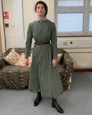Michele Clapton Instagram - Polly’s costumes. I loved designing these! For the most part her costumes are relatively understated but the cut was key and I was lucky enough to have the genius Mel Carter as her cutter.  Gemma Arterton is wonderful to collaborate with and has such great posture and awareness of character. In the first fitting we discussed Polly and both agreed that we loved the idea of laced knee high boots being her signature item. They worked perfectly for the ‘action outfit’ but also gave the character a certain hidden strength even when dressed as staff. I wanted them to be in supple leather and to follow the line of the leg closely. I also wanted an elegant narrow cut to the toe, I wanted them to subtly elevate her station…The first look here with leather jacket and jodhpurs we actually see very late in the film, it’s a sort of revelation! I wanted it to be created out of period correct items but maybe worn in a quite racy way for women of the time, yet to be effortlessly stylish and practical. We had to make many copies of this outfit because of the cheese explosion scene..The next look here is Polly’s staff look. I didn’t want it too traditional yet it’s style would influence all of the other staff’s costumes so I had to be a little careful. I chose the colour palate of blues and pale grey which softened the usual black and white, and I dispensed with any frills, it seemed to be in keeping with my sense of Oxford and his late wife’s character.  In photo five we put together looks on stands to experiment as to how we might dress other members of staff within the same palate. The funeral suit ( fitting stage here) is very utilitarian with its bound edged patched pockets but beautifully cut. I adore the blue wool fabric  and brown binding together here. Finally I designed the green overall to delineate Polly’s different roles, so that when Conrad is finally shown the secret room we find Polly looking unlike her usual self..I thought this visually underlined his up till then exclusion.. assistant designer @sophie__oneill boots  @jitterbug.boy
